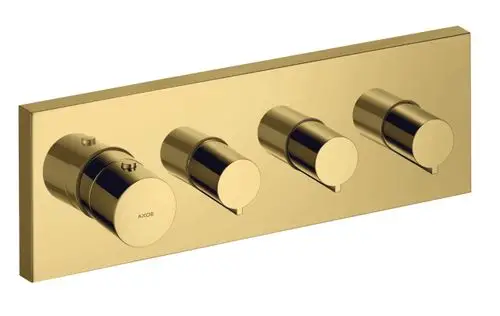 Thermostatmodul mit drei runden Bedienelementen in verchromtem Design, montiert auf einer rechteckigen Platte, mit der Marke AXOR deutlich sichtbar.